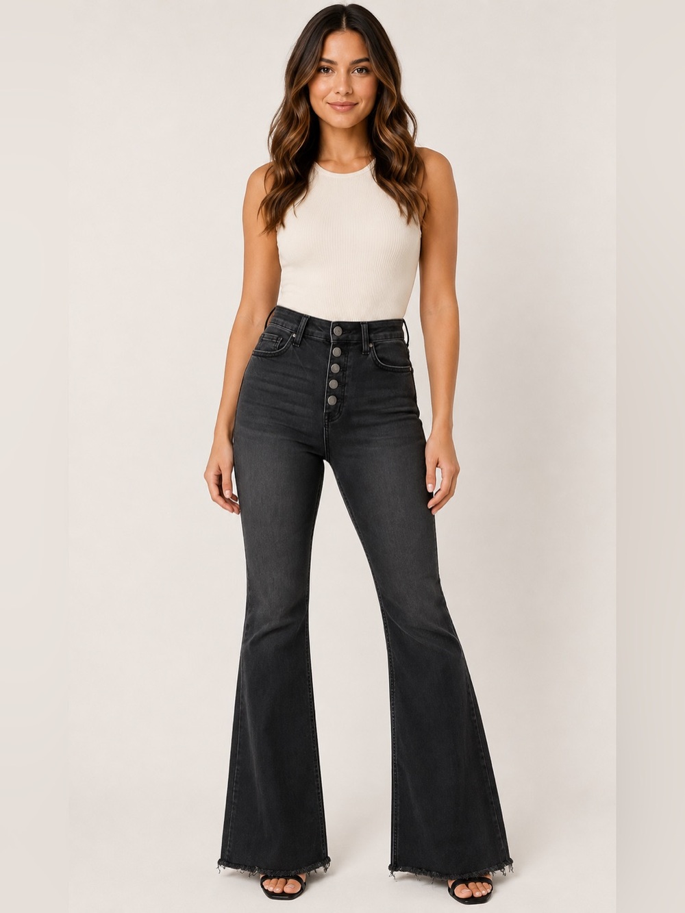 Cello Black High Rise Exposed Button Fly Flare Jeans Raw Hem